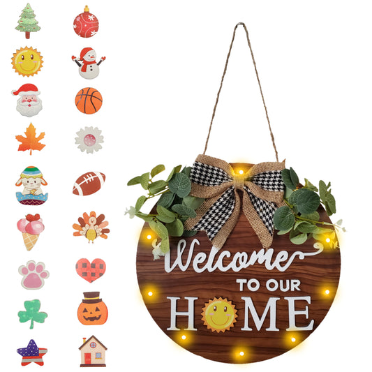 Welcome to our home sign with lights and interchangeable seasonal pieces